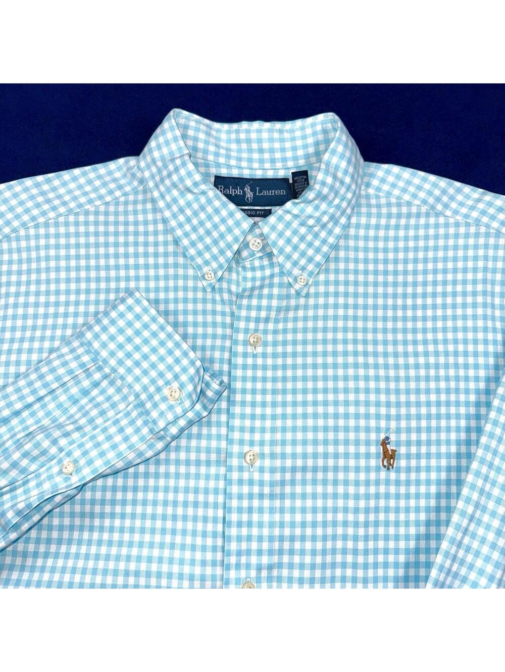 Polo Ralph Lauren Men Gingham Oxford Plaid Long Sleeve Shirt Sz L Blue Pony New